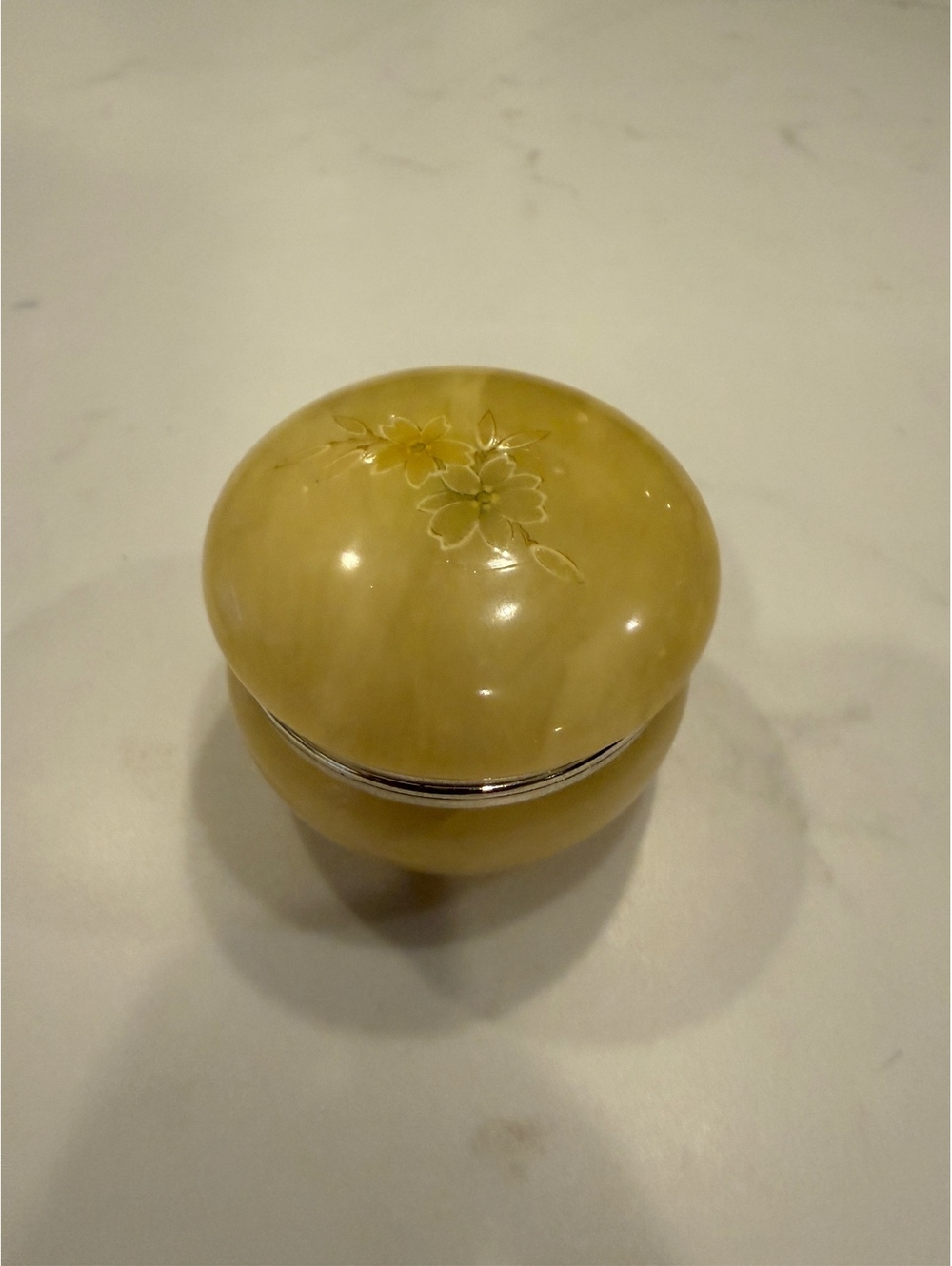 Vintage Round Yellow Floral Decorative Trinket Box handcarved in Italy